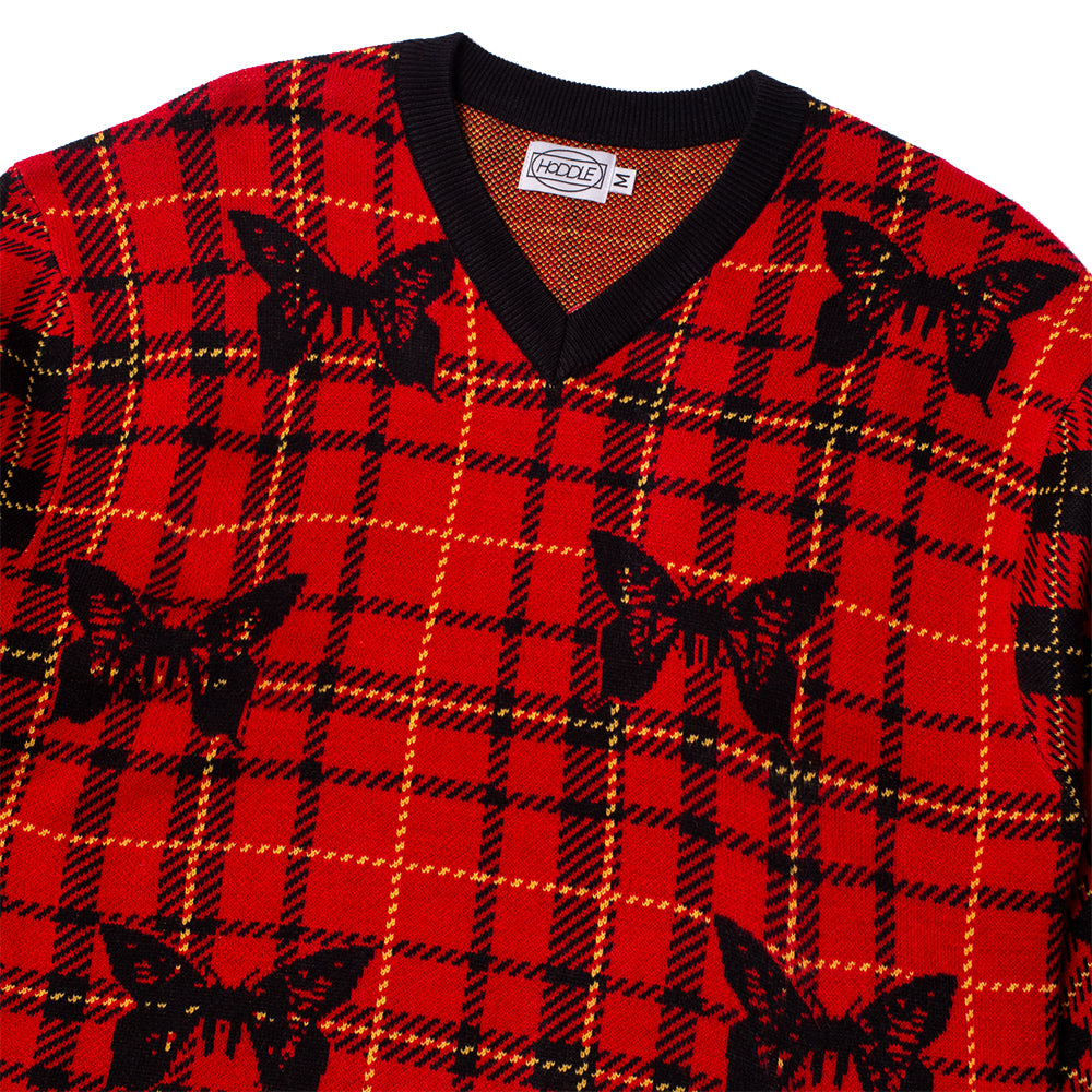 Hoddle Butterfly V Neck Knit Plaid Jumper Red