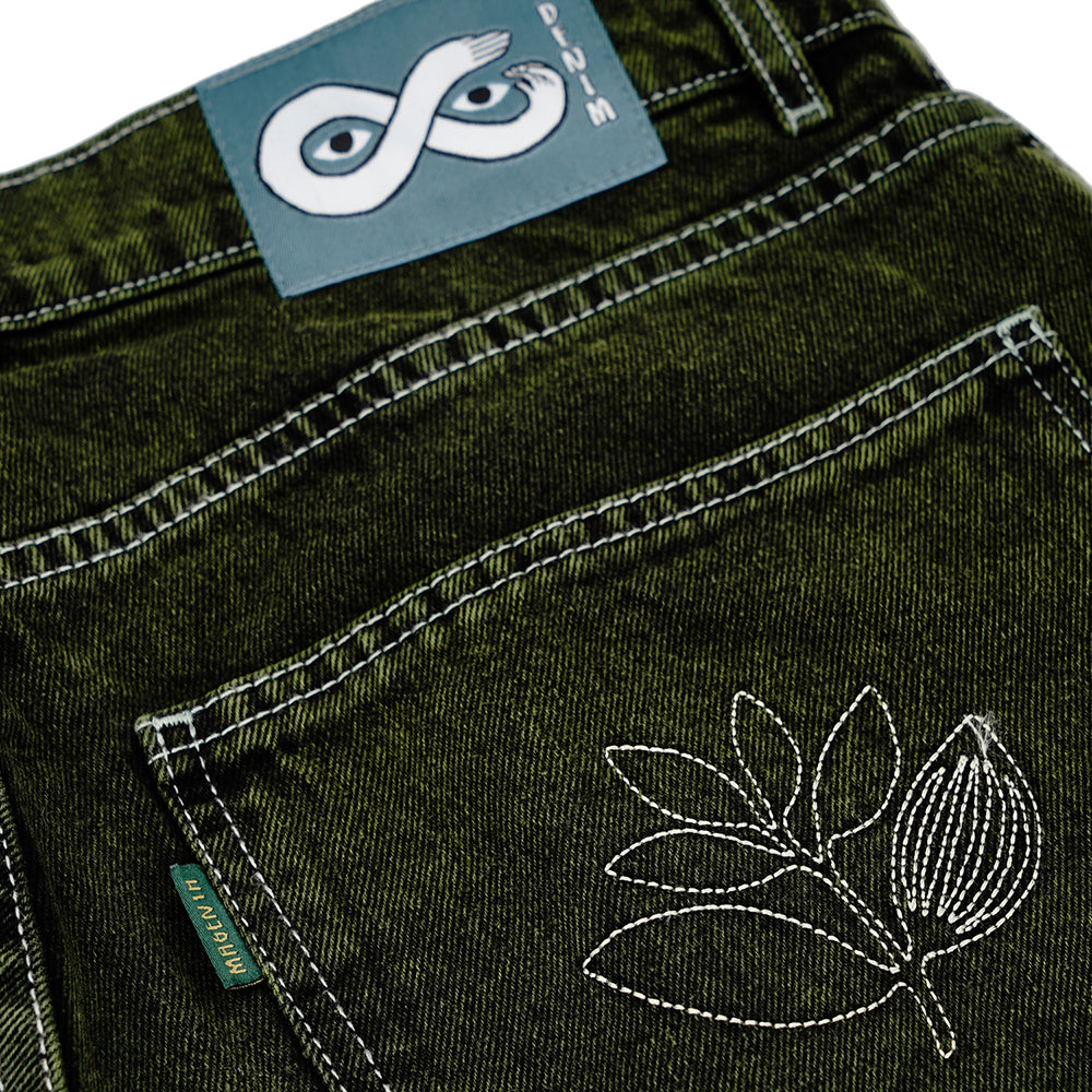 Magenta OG Denim Long Shorts Dyed Green Denim